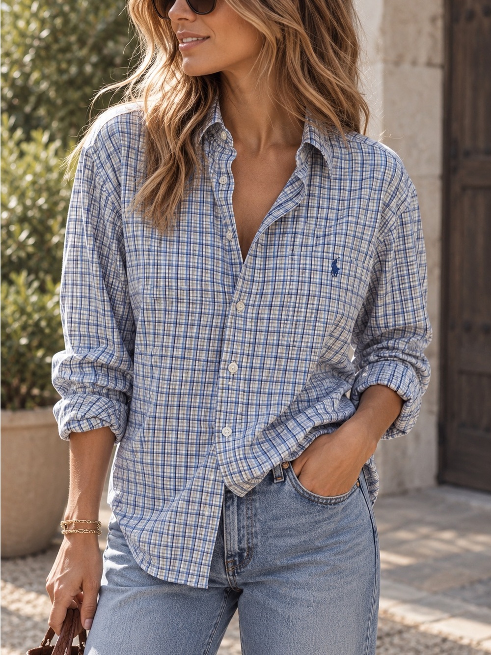 Ralph Lauren Light Blue & White Plaid Button-Down Shirt